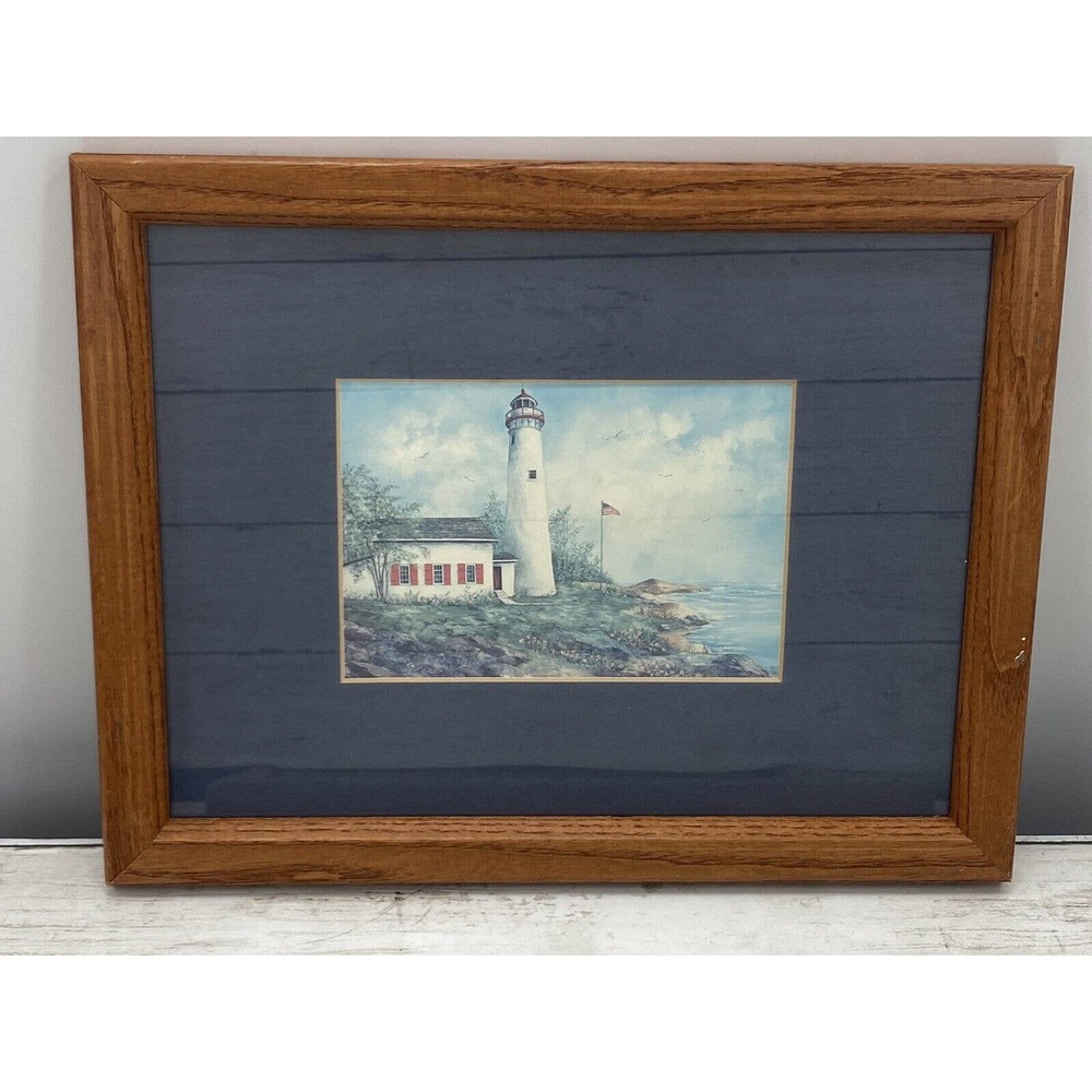Vintage Lighthouse Framed Matted Art Print Twilight Beacon Nautical Sea Decor